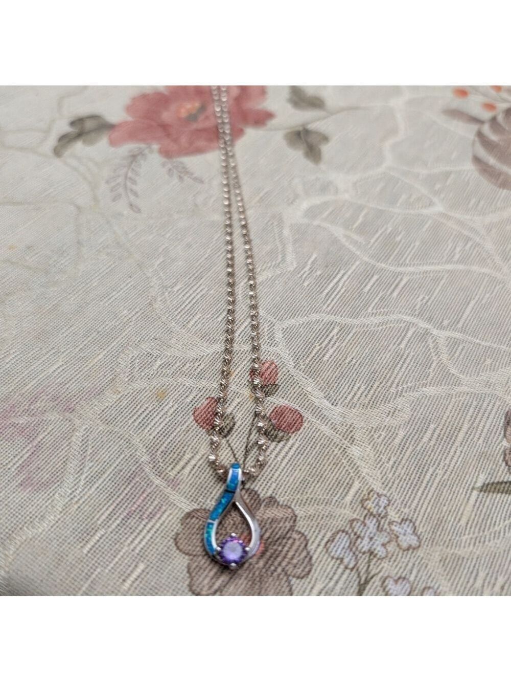 Sterling Silver Necklace And  Silver Pendant With Fire Opal Overlay And Amethyst - Picture 2 of 6